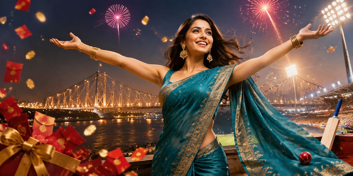 Kolkata Howrah Bridge with cricket betting theme and traditional saree